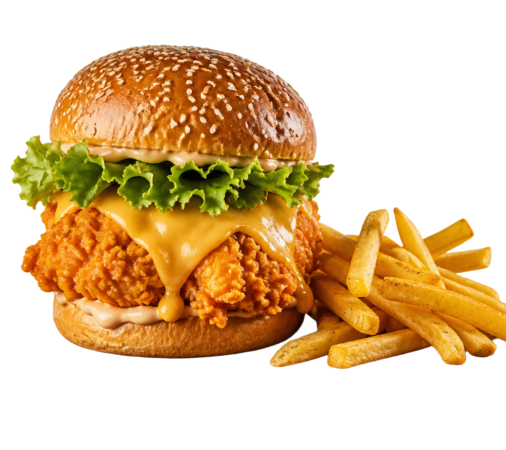 Crispy chicken burger with cheese and fries