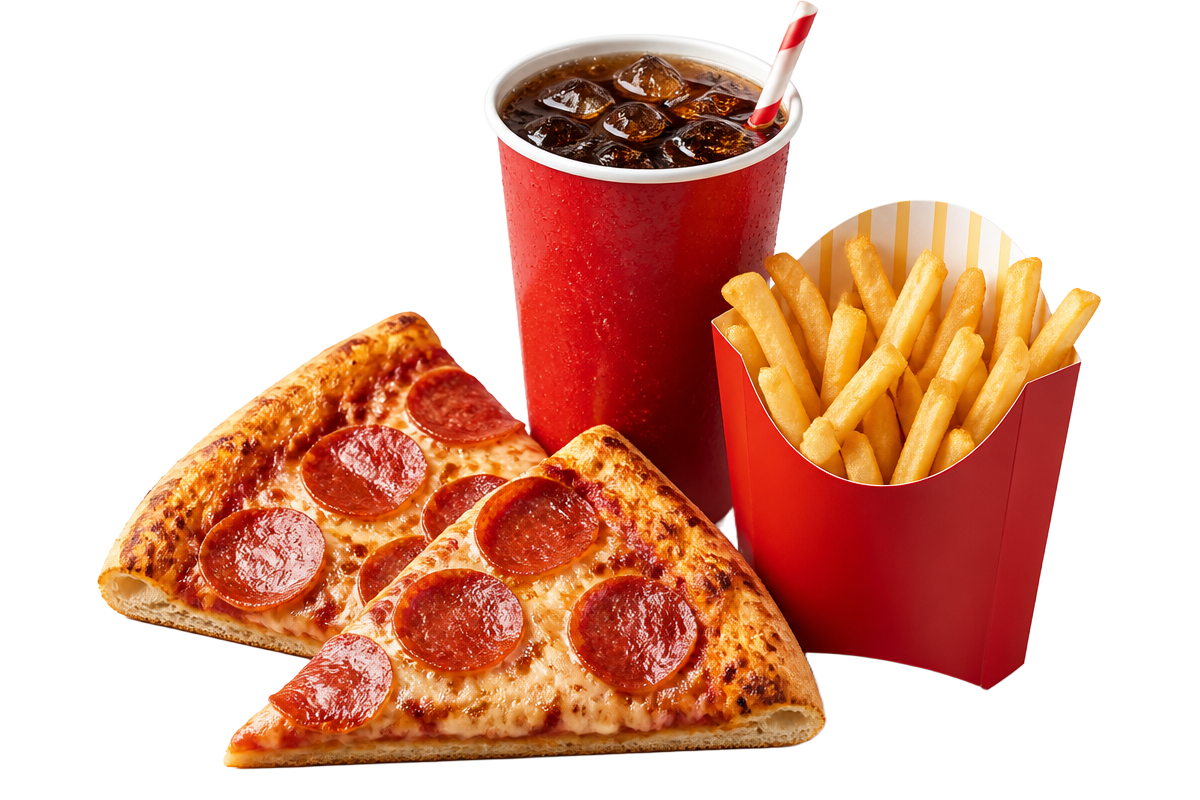 Combo of pizza slices, cola cup and french fries