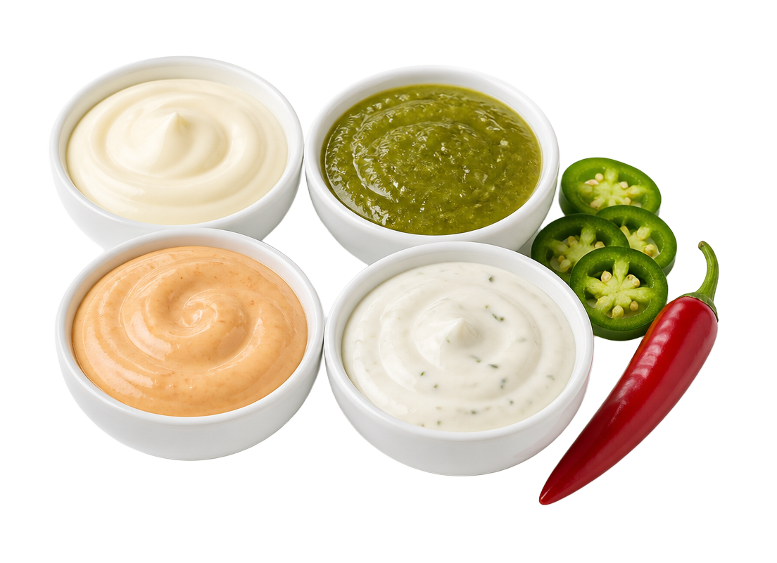 Four bowls of dipping sauces with jalapenos and chili