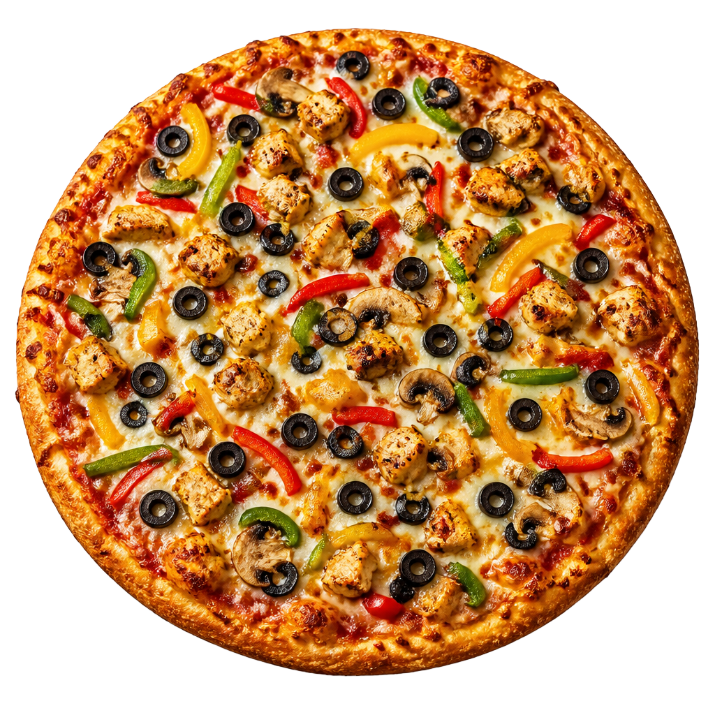 Supreme pizza with chicken, olives, mushrooms and peppers