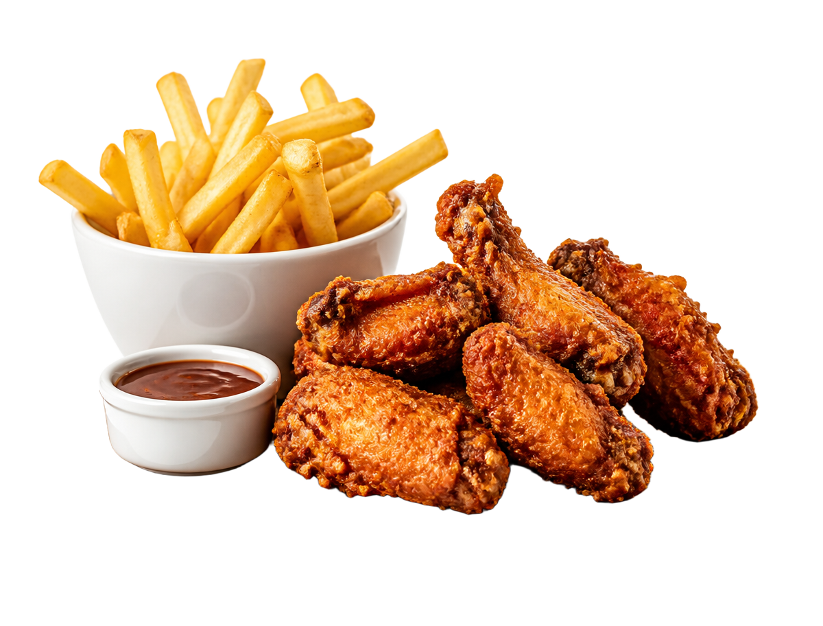 Crispy fried chicken wings with french fries and dip
